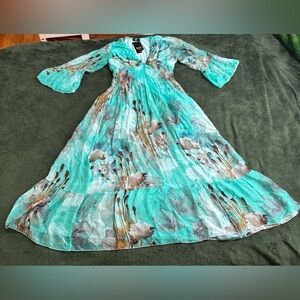 NWT NT by Amati M Italian Silk Smocked Bell Sleeves Japanese Garden Maxi Dress